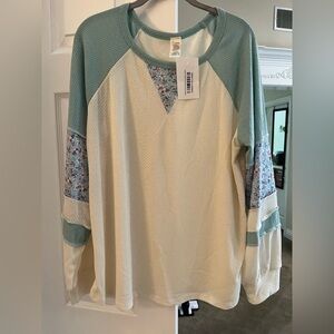 7th Ray Floral Patchwork Long Sleeve Top - Cream and Teal